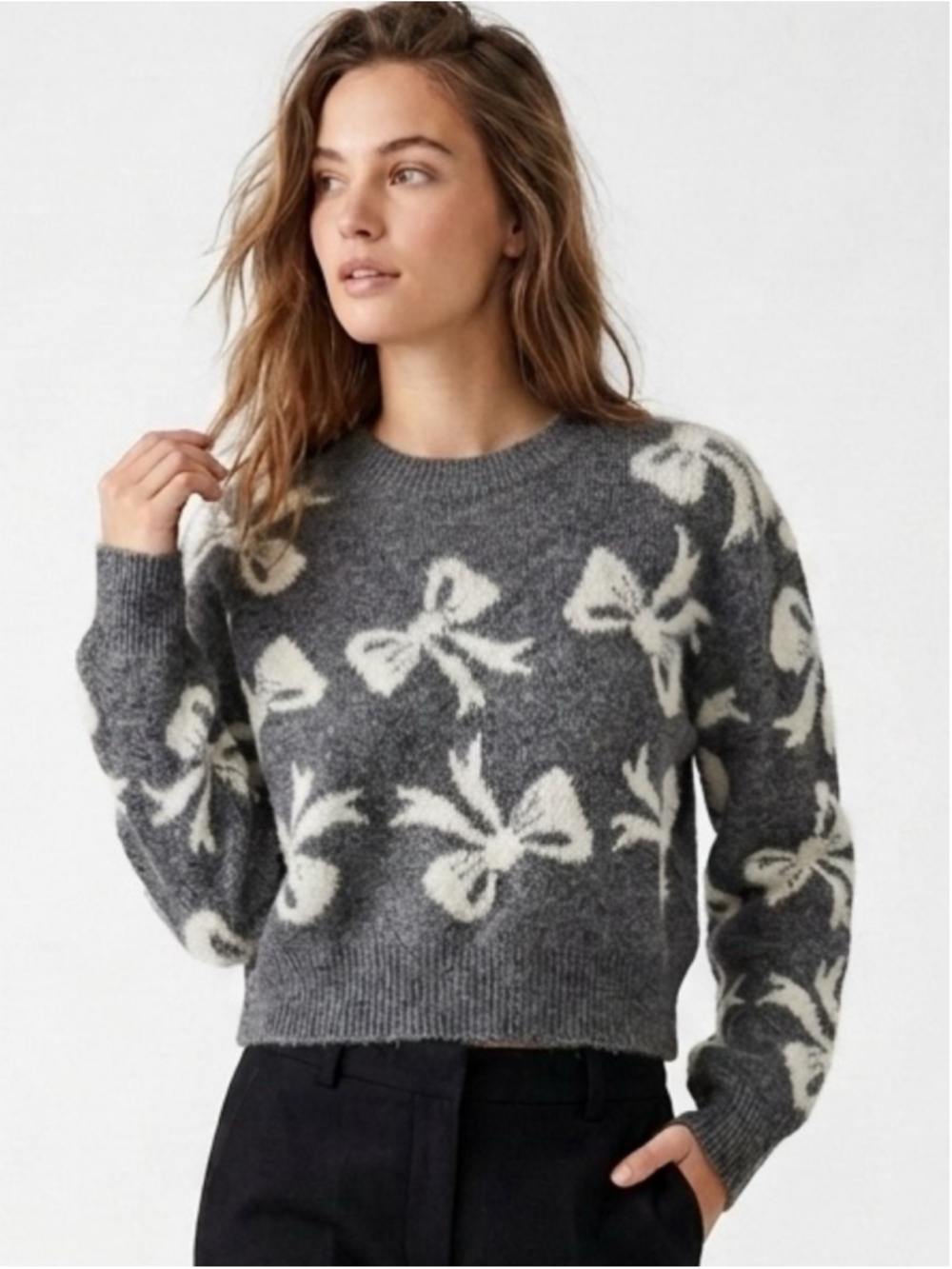 Women's Sincerely Jules Grey Bow Print Knit Pullover Sweater Size S Coquette 669